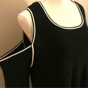 Crown & Ivy Black Cold Shoulder Sweater with White Trim.